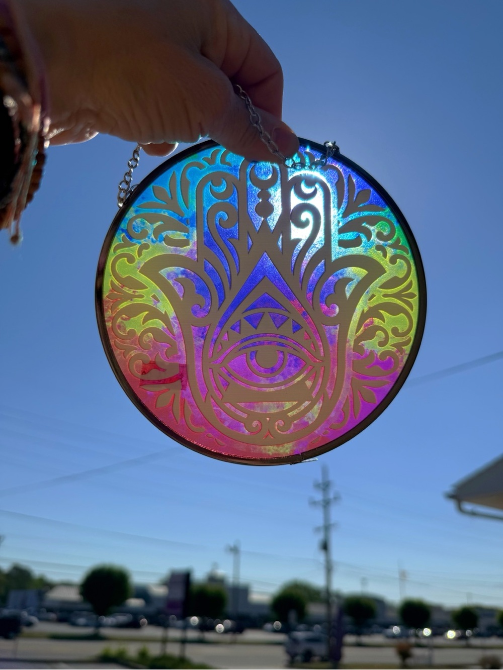 Iridescent Hamsa Glass sun catcher Rainbow Colors